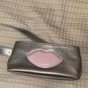 Dior Metallic Silver Cosmetic Bag with Pink Accent